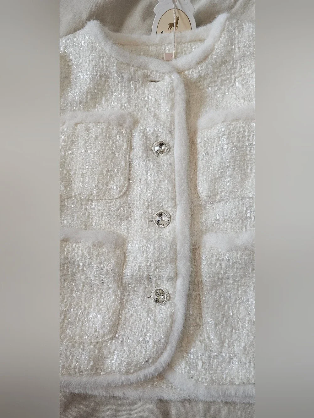 Doe A Dear White Tweed Two-Piece Jacket and Pinafore Set Fur Toddler Girls 2T
